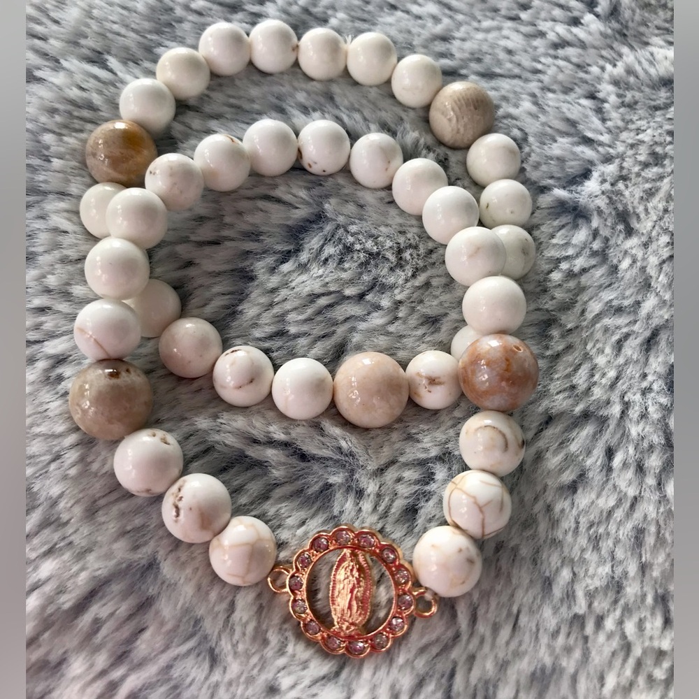 Howlite & Agatized Coral Blessed Mother Mary bracelet set